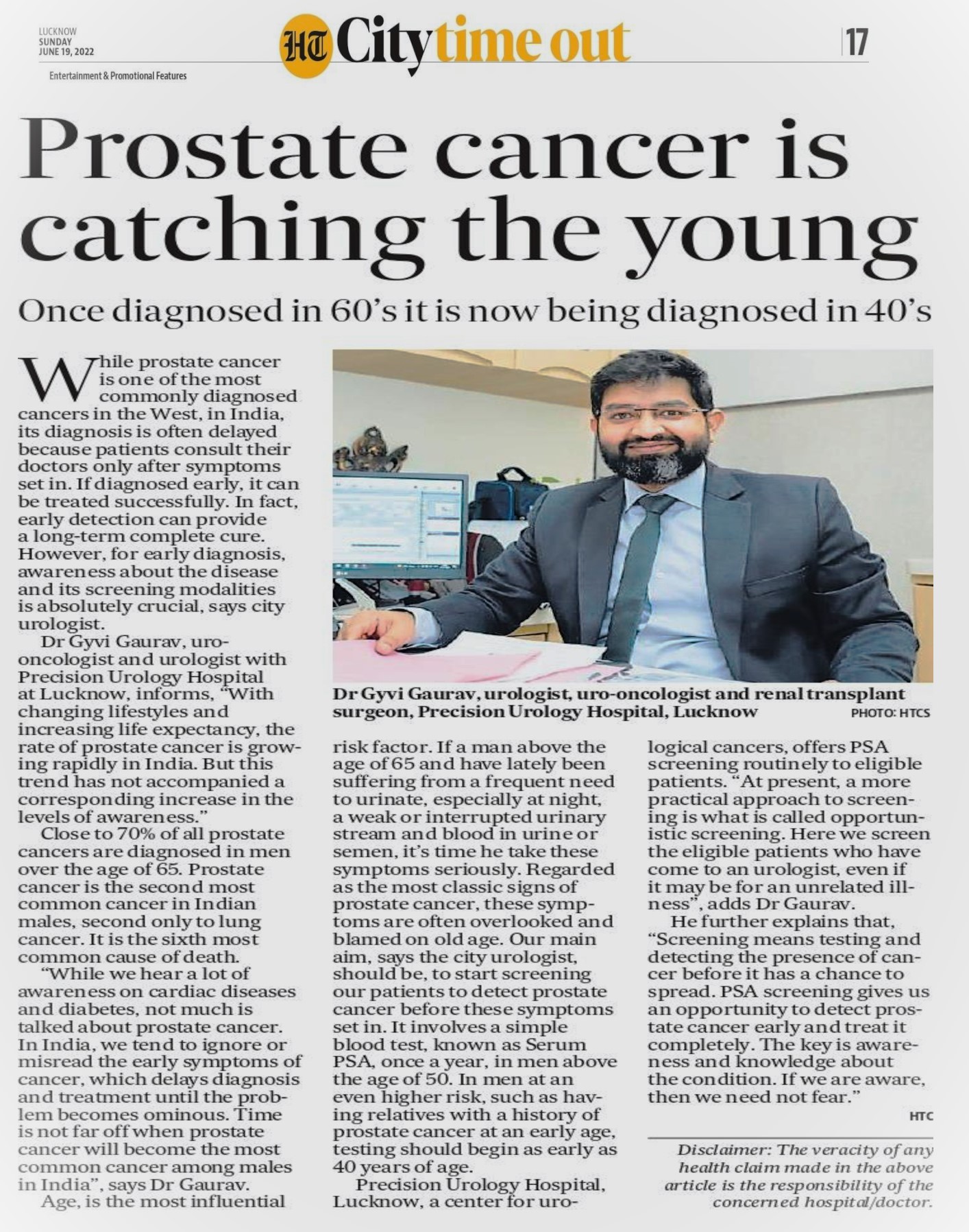 Article on Prostate cancer : Dr. Gyvi Gaurav published in Hindustan times